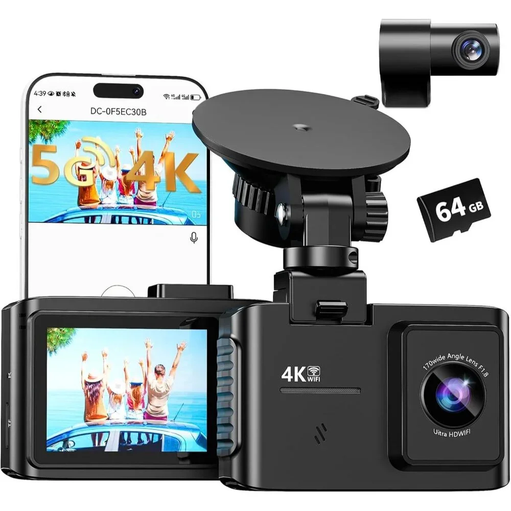 Dash Cam Front and Rear 4K Dual Channel with 64GB Card Wide Angle Night Vision